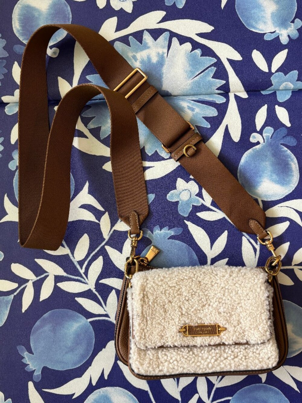 Kate Spade Morgan Shearling Pebbled Leather Double Up Crossbody Bag Tan Cream